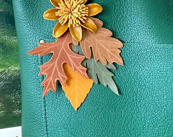 Handmade Leather Fall Leaf Bag Charm, Autumn Purse Tassel