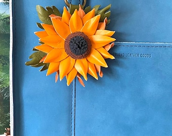 Sunflower Leather Bag Charm, Keychain – Handmade Genuine Leather Accessory