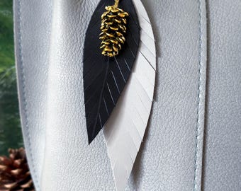 Leather Feather Tassel Keychain, Handbag Purse Charm with Pendant