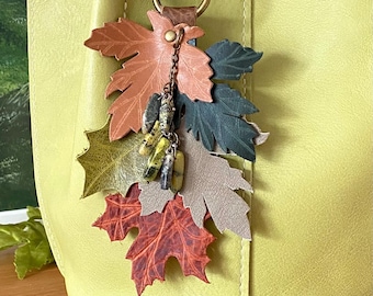 Handmade Leather Leaf Charm, Autumn Bag Tassel