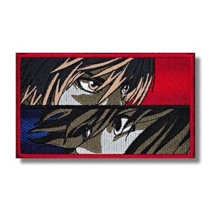 May include: Embroidered patch featuring anime-style eyes. The design is split into two sections, with a red background above and a blue background below. The eyes are detailed with shades of brown, black, and white.