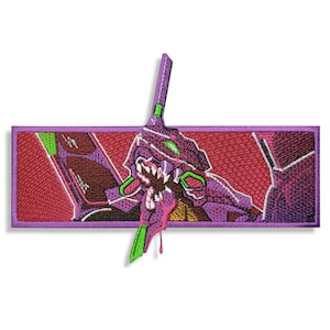May include: An embroidered patch featuring a purple and green mecha robot with its mouth open, set against a red background. The patch is surrounded by a purple border.