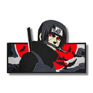 May include: Black and red embroidered patch featuring a character from the anime series Naruto. The character has black hair, red eyes, and is wearing a black cloak. The background features a red and white design with black birds.