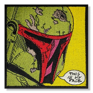 Op de afbeelding: Gestikt patch met een groene en rode illustratie van een Star Wars-personage helm met de tekst "THIS IS MY FACE".