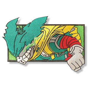 May include: Embroidered patch featuring a green, yellow, and red anime character with a green background. The character is shown with their fist raised and a determined expression.