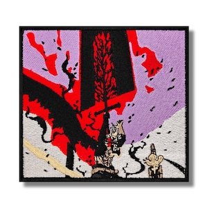 May include: Embroidered patch featuring a black and red figure holding a sword, with a purple and white background. The figure is surrounded by black and white lines.