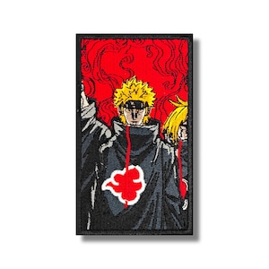 May include: Embroidered patch featuring a character from the anime Naruto. The character is wearing a black cloak with a red symbol on the chest. The background is red with black swirls.