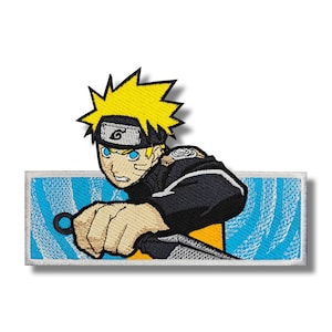 May include: An embroidered patch featuring a yellow-haired anime character with blue eyes, wearing a black and white outfit, holding a weapon. The character is set against a blue and white background with a wave pattern.