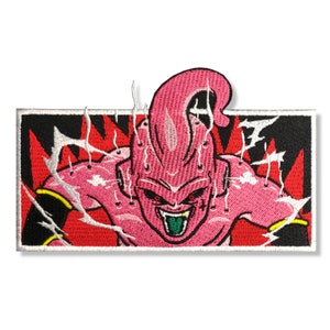 May include: Pink and red embroidered patch of a cartoon character with a large mouth and sharp teeth. The character is surrounded by white lightning bolts and a black background.