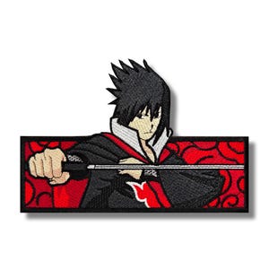 May include: Embroidered patch featuring a black-haired anime character with a red and black outfit holding a sword. The character has a red swirl on their chest and is set against a red background with black swirls.