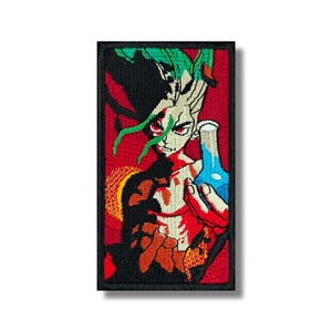 May include: Embroidered patch featuring a character with green hair and red eyes, holding a blue flask. The design is set against a red background with black borders, showcasing a vibrant, detailed anime-style illustration.