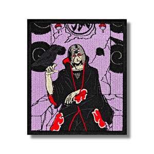 May include: An embroidered patch featuring a character with red eyes and a black cloak, sitting on a throne with a crow perched on his arm. The background is purple with a black frame.