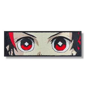 Puede incluir: Primer plano de un par de ojos rojos con pupilas blancas y contornos negros. Los ojos están colocados sobre un fondo beige claro con cabello negro a cada lado.