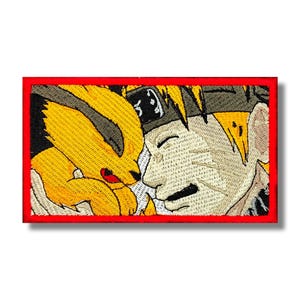 May include: Embroidered patch featuring a scene from an anime series. The patch depicts a character with spiky yellow hair and a fox-like creature in shades of yellow, gray, and orange, set against a red border.