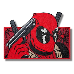 May include: Red and black embroidered patch of Deadpool holding a gun with a red background and a black and white explosion in the background.