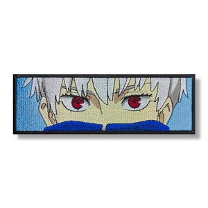 May include: A close-up of a character with white hair and red eyes. The character is wearing a blue mask and is looking directly at the viewer.