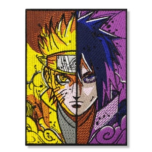 Może przedstawiać: Naszywka haftowana przedstawiająca podzielony obraz dwóch postaci z anime. Lewa strona pokazuje postać z żółtymi włosami i czerwoną i białą opaską na głowie, podczas gdy prawa strona pokazuje postać z fioletowymi włosami i fioletową opaską na głowie. Obie postacie mają intensywne wyrazy twarzy.