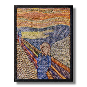 May include: A colorful embroidered patch depicting Edvard Munch's iconic painting "The Scream". The figure in the center is a person with a distorted face, screaming with their hands over their ears. The background is a swirling, abstract landscape in shades of yellow, orange, blue, and green.