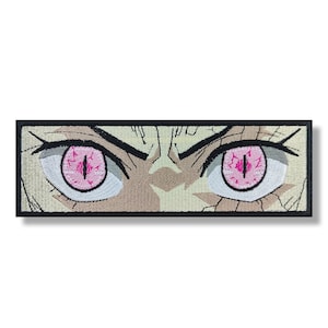 Puede incluir: Primer plano de un par de ojos con pupilas rosadas y escleróticas blancas. Los ojos están situados en una cara con el ceño fruncido y una piel agrietada y texturizada. La imagen está representada en un estilo de dibujos animados.