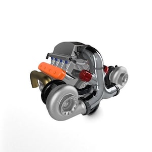 May include: A twin-turbocharged V8 engine assembly featuring a metallic silver finish, a prominent bright orange valve cover, polished chrome intake piping, and red accents on the turbocharger components, showcasing a complex mechanical design.