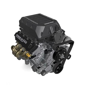 May include: A black and silver automotive engine featuring a prominent black supercharger housing with the text SUPERCHARGED, a black valve cover labeled POWER BY FORD, metallic exhaust headers, a serpentine belt system, and a yellow oil dipstick.