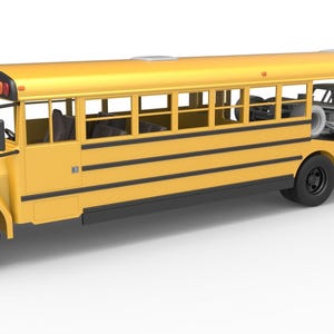 May include: A yellow school bus modified with an open rear cargo bed carrying a grey race car. The bus features black trim, black wheels, and a front grille. The rear section is exposed, showing the race car chassis secured on the flatbed.