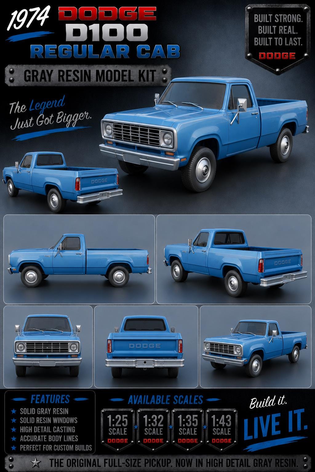 C Lab Model Kit 1974 Dodge D100 Regular Cab Model Kit: 3D Printed Gray Resin Truck ...