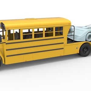 May include: A yellow school bus modified into a flatbed hauler with a light blue race car secured on the rear deck. The vehicle features black trim, side windows, and black wheels, while the race car has a low profile and racing tires.