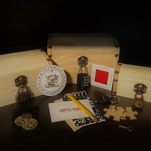 May include: A collection of wooden treasure chests, combination locks, a cipher wheel, and puzzle pieces. The scene includes a notepad with the text "Cryptic Minds" and a pencil, suggesting an escape room or puzzle theme.