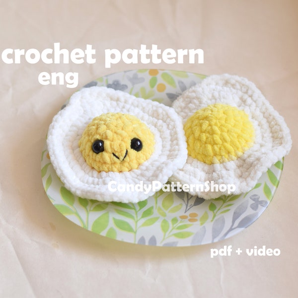 fried egg crochet pattern, cute breakfast food play downloadable beginner friendly crochet pattern amigurumi, fuzzy fried egg tutorial