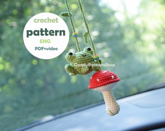 car hanger accessories crochet pattern, leggy frog crochet pattern car hanging charm for rear view mirror, toad lovers gift ideas for her