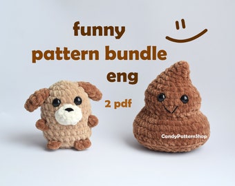 poop crochet pattern, dog crochet pattern and positive poo amigurumi easy bundle pattern, dog lover funny gift ideas, pug dog amigurumi
