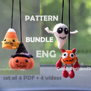 Halloween crochet pattern bundle Pumpkin Jack, candy corn crochet car accessories, hanging car charm ghost pattern Birthday gift ideas