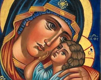 Mother of God (SB). Hand painted. Orthodox icon in Byzantine Style  with Natural Pigments and 22 K gold on wood. 8X12 inches.