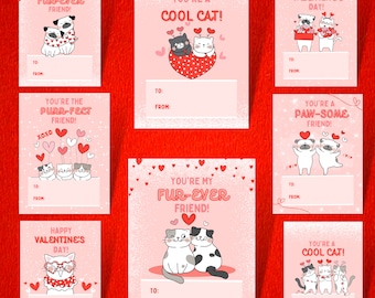 Cute cats and dogs Valentines cards - Valentine Cards - Printable - Instant download - Kids Valentine's Day Cards