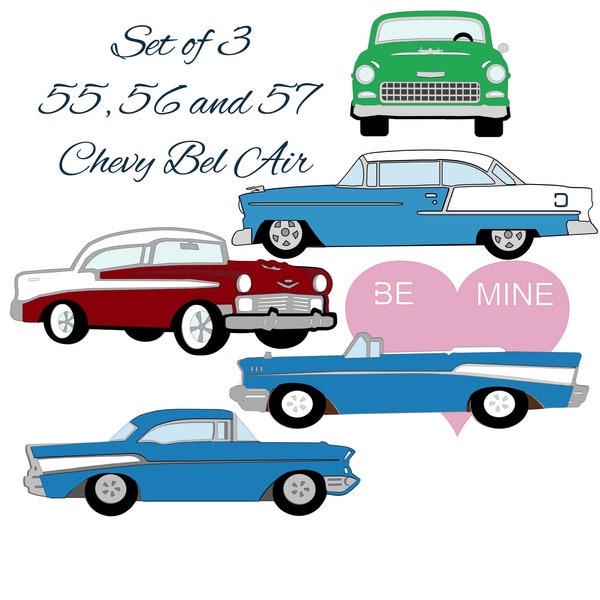 Chevy Bundle DIGITAL DOWNLOAD LAYERED Bel Air 55, 56 und 57 Svg, 5 Autos über 3 Jahre, beliebt bei Oldtimer-Enthusiasten. Licht weist an.