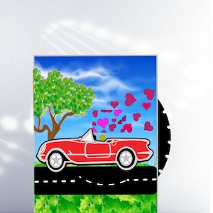 Descarga digital del Corvette, patrón interactivo. La carretera parece moverse mientras los corazones fluyen desde la capota abierta.