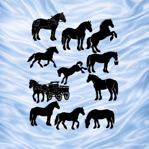 May include: Black silhouette images of horses in various poses, including standing, rearing, and pulling a carriage. The horses are set against a light blue, textured background.