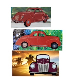 May include: Three vintage red cars, one with a sunset background. The cars are all in the same style, with a rounded body and a long hood. The car in the middle is a side view, while the other two are front and back views.