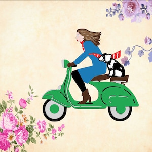 Viaje a París - DESCARGA DIGITAL: Chica y perro en scooter con fondo. BONIFICACIÓN: Chica rubia en scooter con bolso, motociclista y ciclomotor.