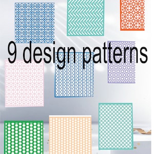 Puede incluir: Nueve patrones de diseño rectangulares en varios colores, incluyendo azul, verde, naranja y rosa. Cada patrón presenta un diseño geométrico o de ondas único. El texto "9 design patterns" se muestra en negro.