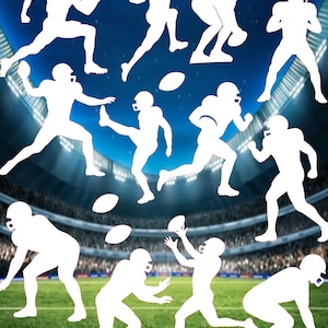 May include: White silhouette cutouts of football players in various action poses, including running, throwing, and catching the ball. The background features a green field, stadium seating, and a blue sky.