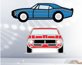 May include: Two flat, stylized car decals. The top decal is a blue coupe shown from a side profile with black tires and white rims. The bottom decal is a red muscle car shown from a front-facing perspective with black grille details and white headlights.