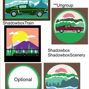 Puede incluir: Una ilustración digital de un coche verde conduciendo por un paisaje montañoso nevado con un sol rosa en el cielo. La imagen está etiquetada como "ShadowboxTrain".