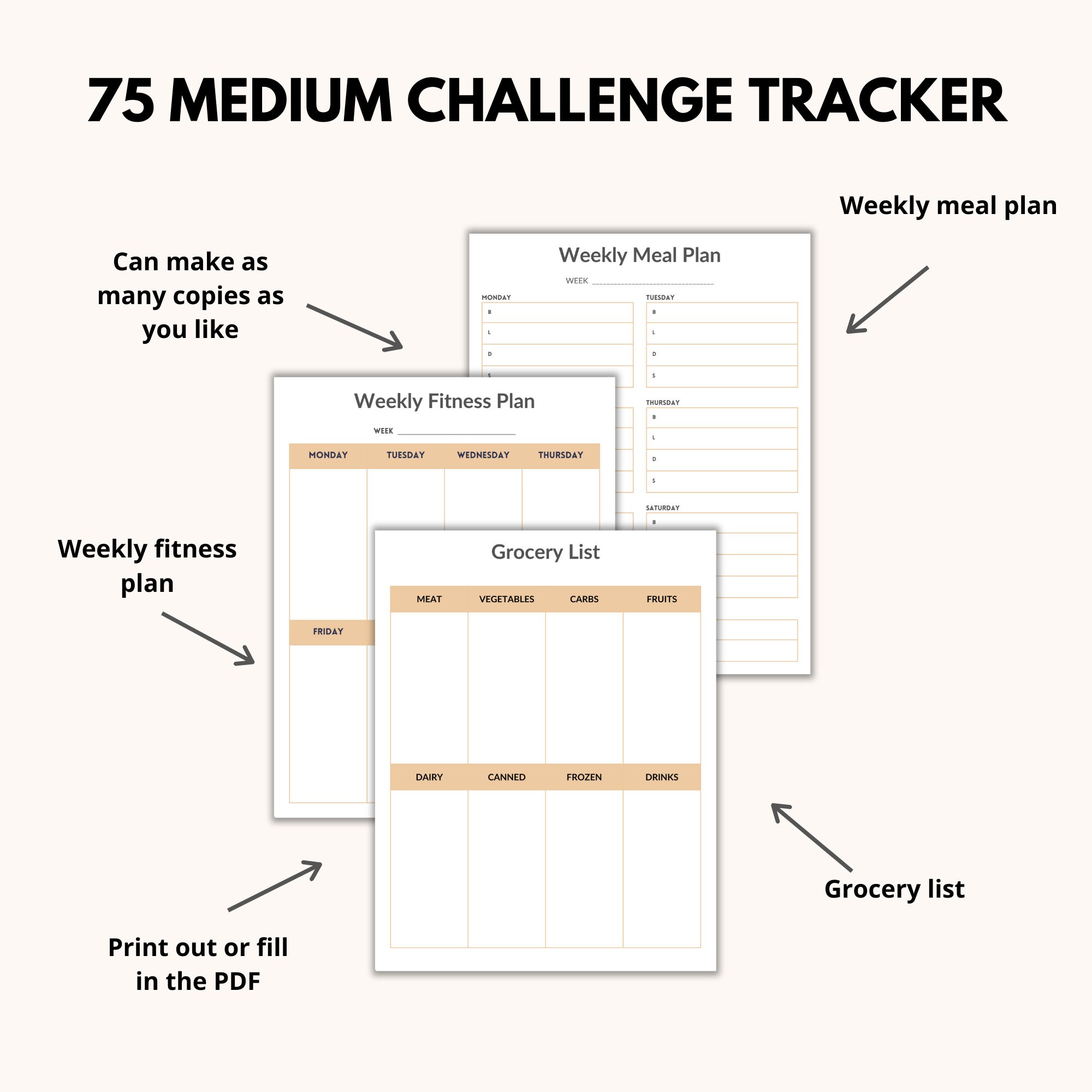 75 Medium Challenge Fillable Printable PDF Boho Colors Fitness Tracker ...