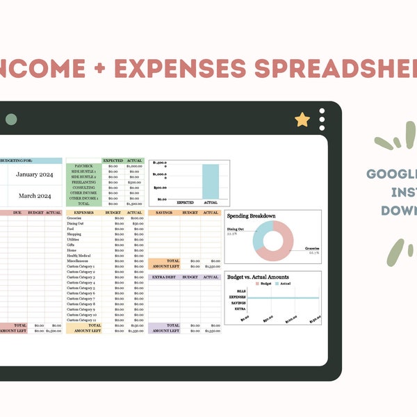 Simple Income Expenses Tracker Spreadsheet, Bills, Budget, Debt, Automatic Calculations, Graphs, Google Sheets, Dashboard, Easy To Use