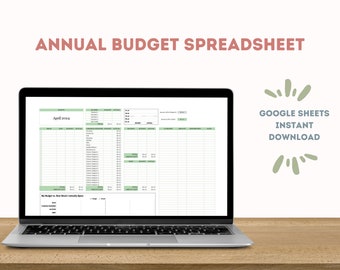 May include: A laptop computer displaying a Google Sheets spreadsheet titled "Annual Budget Spreadsheet" with a green and white colour scheme. The spreadsheet is for tracking monthly expenses and income. The text "Google Sheets Instant Download" is displayed in the top right corner of the image.