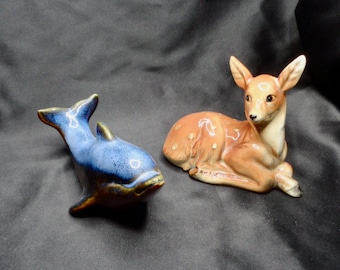 Figurine DEER DE BAMBI décorée à la main par Shafford et figurine DAUPHIN en porcelaine fabriquées au Canada par Evangeline