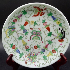 1950s Hand painted Chinese porcelain dish (7.5"). Multi-coloured flowers/butterflies. Marked "Jiangxi Jingdezhen famous porcelain"