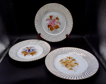 3 assiettes décoratives en porcelaine peinte à la main avec motifs floraux et bordure dorée